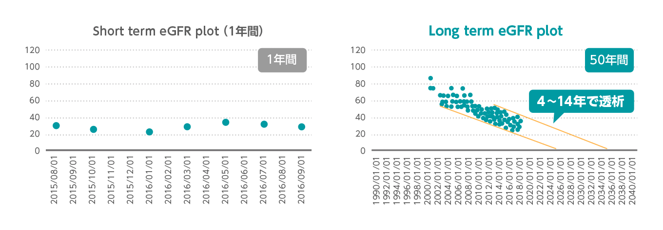 1年間のeGFR plotとLong term eGFR plotの比較 グラフ